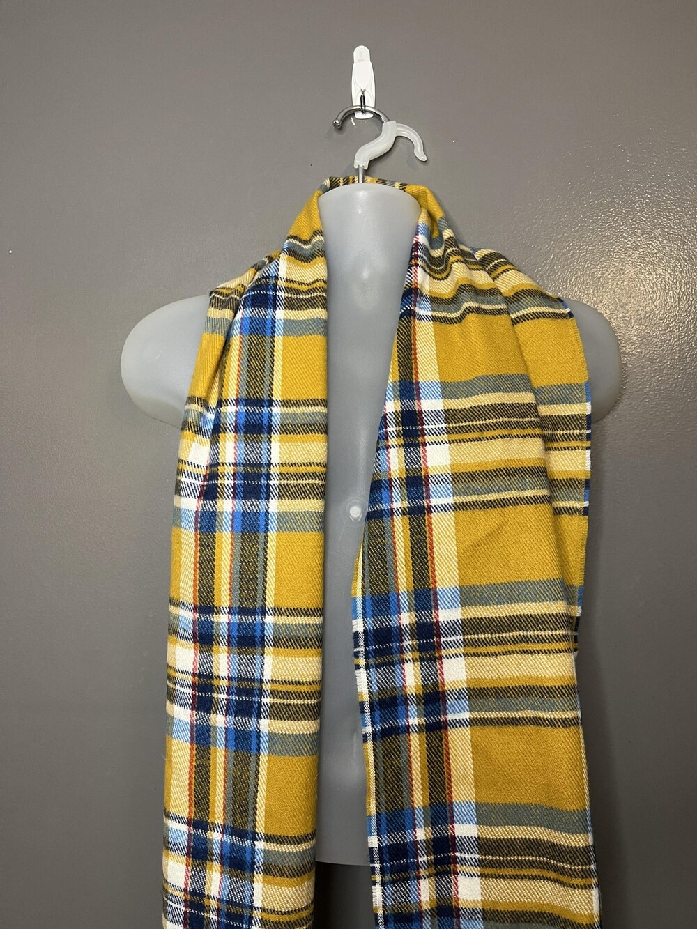 Plaid Tartan Scarf Womens One Size Yellow Blue Fringe Winter Wrap Cozy
